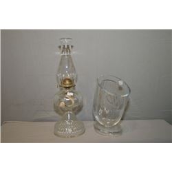 Canadiana pressed glass oil lamp and a glass stylized vase