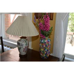 14" porcelain floral vase and a urn motif porcelain lamp