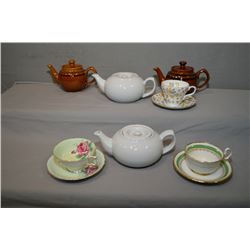 Four stoneware teapots including Sadler and three collectible tea cups and saucers including Paragon