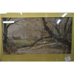 Framed antique watercolour of a cottage in a meadow 7" X 13" titled and signed by artist Telfor
