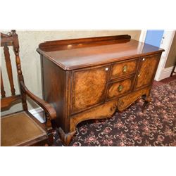 Antique burl walnut four drawer, two door sideboard with original backsplash