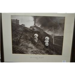 Vintage framed black and white archived photo of two children watching a locomotive labelled "Jim & 