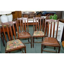 Four upholstered slat back dining chairs, two with leather and two the floral fabric