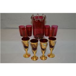 Selection of vintage ruby glass including cylinder vase with clear glass ruffled edge, ruby and gilt