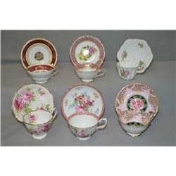 Six collectible cups and saucers including Paragon, Crown Staffordshire, Royal Albert, Royal Stuart 
