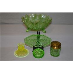 Selection of vintage pressed glass including fluted bowl decorated with fruit and foliage, and urani