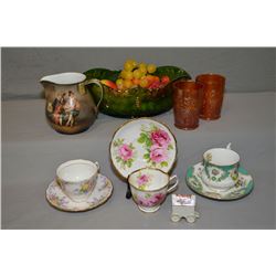 Selection of vintage collectibles including pressed green glass and gilt center bowl, a pair of carn