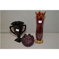 Three pieces of vintage glass including carnival glass vase 11" in height, double handled amethyst g