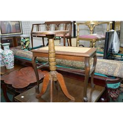 Single pedestal plant stand and a wooden bench with rattan seat