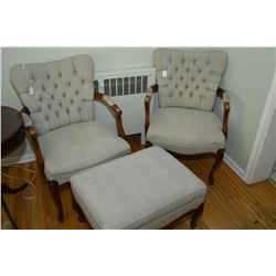 Two matching open armed button tufted upholstered parlour chairs and a matching footstool