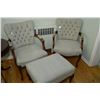 Image 1 : Two matching open armed button tufted upholstered parlour chairs and a matching footstool