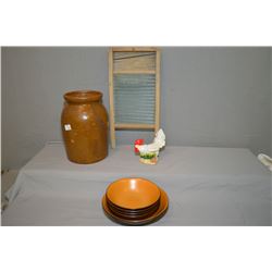 Selection of collectibles including stoneware crock, "Orange Sherbet" ironstone, pewter pitcher, cre