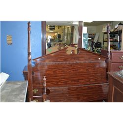 Semi contemporary bedroom suite including queen headboard, footboard, rails, mirrored dresser and tw