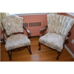 Two mid 20th century tapestry upholstered side chairs one with barley twist support, both with claw 