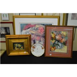 Two framed prints including a floral and a portrait plus a small original still-life and a Limoges f