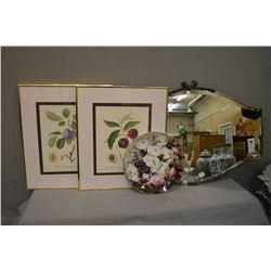 Two framed fruit prints, Royal Doulton collector plate, and bevelled wall mirror in metal frame