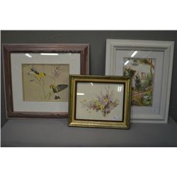 Three framed prints including bird print, floral and cottage scene