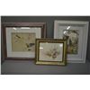 Image 1 : Three framed prints including bird print, floral and cottage scene