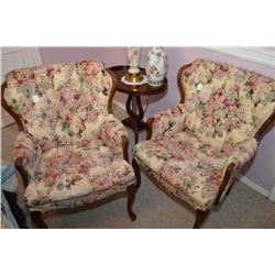Pair of matching button tufted closed arm upholstered parlour chairs with cabriole supports