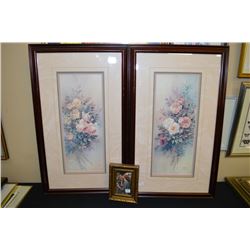 Two framed limited edition Lena Liu floral prints and a small portrait