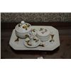 Image 1 : Four piece porcelain dresser set including tray, trinket box, ring tree and powder box and a small g