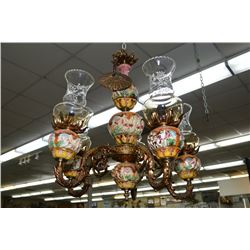 Vintage five arm Majolica ceiling fixture decorated in cherub motif with glass shades