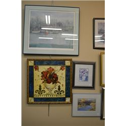 Four framed prints including a harbour, two still-lifes and a Levesque river scene