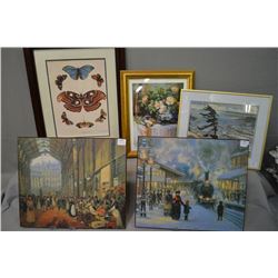 Selection of framed prints including group of seven, butterflies, a rail yard, etc.