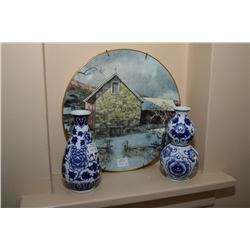 Two Royal Doulton collector plate "Pennsylvania Pastoral" and three 6" blue and white vases