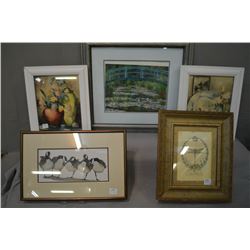 Five framed prints including still lives, footbridge, etc.