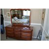 Image 1 : Five drawer highboy, nine drawer mirrored dresser and a queen sized headboard
