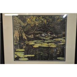 Framed Robert Bateman print of a duck family in a pond