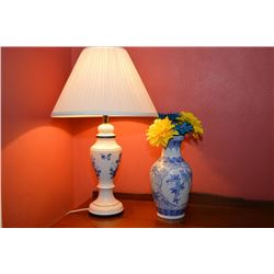 Bird and floral motif 12" high porcelain vase and a blue and white porcelain tablelamp