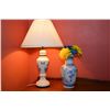 Image 1 : Bird and floral motif 12" high porcelain vase and a blue and white porcelain tablelamp