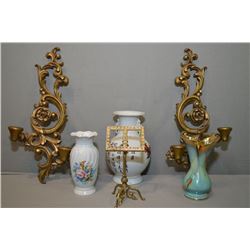 Selection of collectibles including wall sconces, German pottery vase, decorative brass music stand 