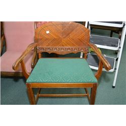 Unusual vintage wooden chair with wide upholstered seat and short back