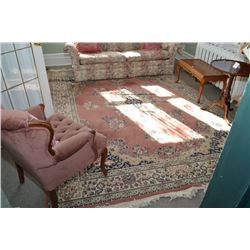 Vintage wool area rug with center medallion, multiple borders in shades of pinks, greys and blues 94