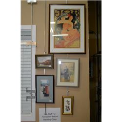 Five framed prints with assorted themes