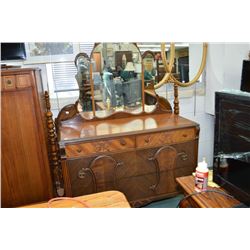 Antique four drawer matched grain walnut dresser and triple mirror with double size headboard, footb