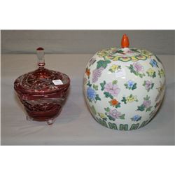Unmarked hand painted lidded pot and a ruby glass cut to clear lidded crystal comport