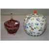 Image 1 : Unmarked hand painted lidded pot and a ruby glass cut to clear lidded crystal comport