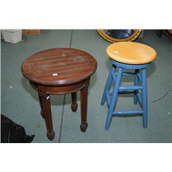 Painted wooden stool and a small round wooden side table