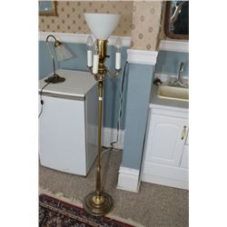 Two small cast table lamps and a vintage floor standing tri-light