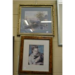 Two framed prints including canal scene and a girl with her kitty cat