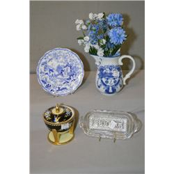 Selection of collectibles including a Noritake spooner, blue and white plate and jug, and a pressed 