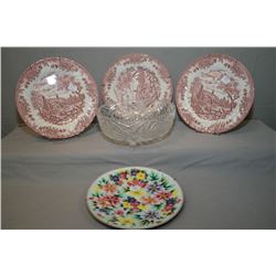 Three Staffordshire plates, an enamel plate and a footed crystal bowl