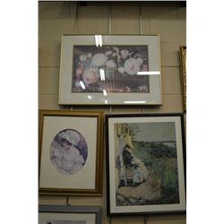 Three framed prints including a portrait of a child, lady sewing and a still-life