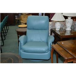 Blue leather upholstered swivel recliner