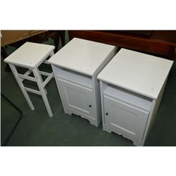 Three painted cabinets and small table