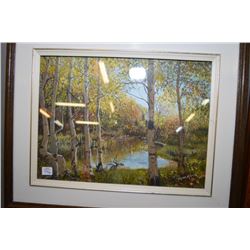 Framed oil on board painting of a autumn wooded pond scene signed by artist Clara Mashr 12" X 16" pl